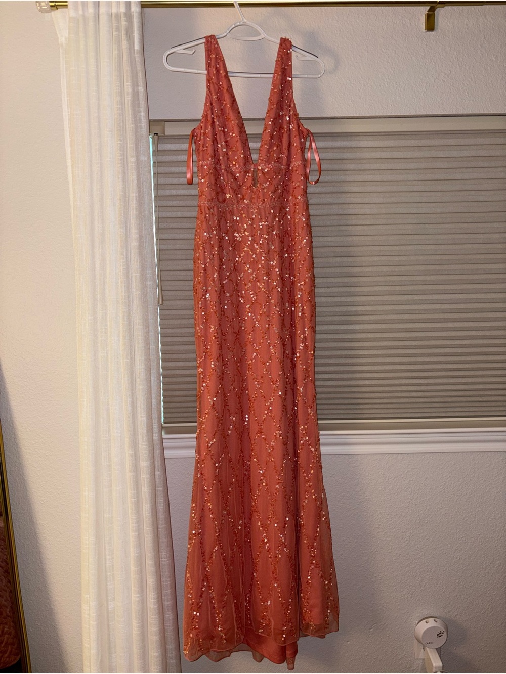 Deep V Sequin Mac Duggal Evening Gown - Coral Pink